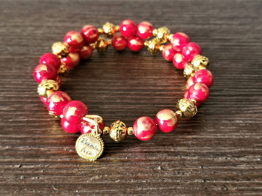 Red Jade Gemstone Beaded Bracelet Jewelry Statement Christmas Valentine Gift Gold Women's Wrap Cuff Bangle