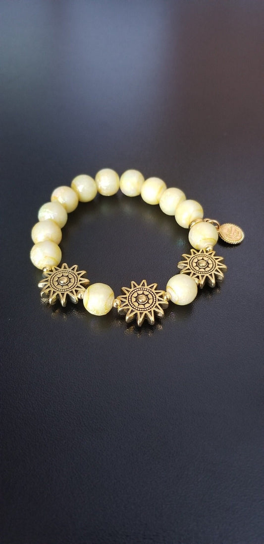 Sun Celestial Charm Beaded Bracelet Yellow Jewelry Stretch Gold Sunshine Amber Glass Beads Beach Spring Summer Women's Gift for Her