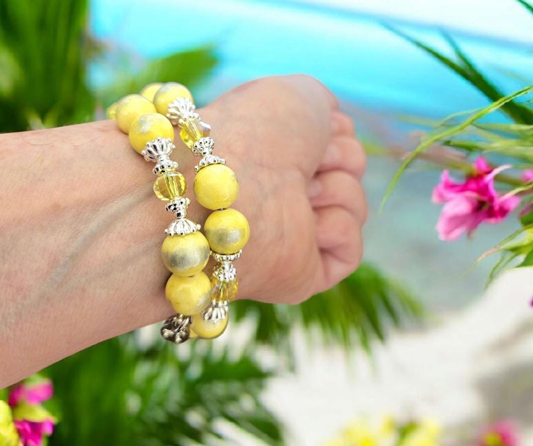 Yellow Beaded Gemstone Bracelet Jade Jewelry Crystal Silver Lemon Sun Spring Summer Beach Cruise Handmade Memory Wire Wrap Cuff Bangle Gift