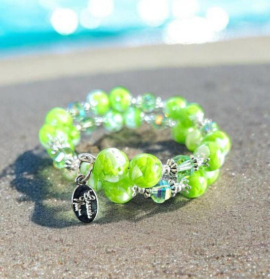 Lime Green Bracelet Jewelry Beaded Statement Crystal Silver Cruise Beach Summer Spring Wrap Bangle Cuff Memory Wire Resin Women's Gift For Her