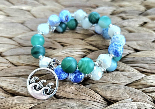 Ocean Sea Charm Bracelet Jewelry Beaded Blue Green Teal Turquoise Gemstone Agate Beach Cruise Spring Summer Memory Wire Wrap Cuff Bangle