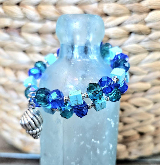 Seashell Charm Bracelet Jewelry Beaded Turquoise Gemstone Sea Ocean Beach Cruise Summer Silver Handmade Memory Wire Wrap Cuff Bangle Gift
